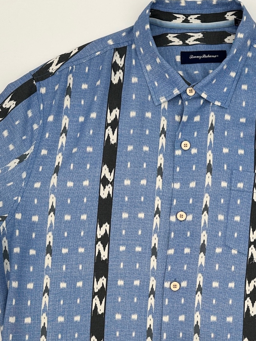 Tommy Bahama Silk Blend Camp Shirt XLT Blue Ikat-Style Stripe Hawaiian Shirt